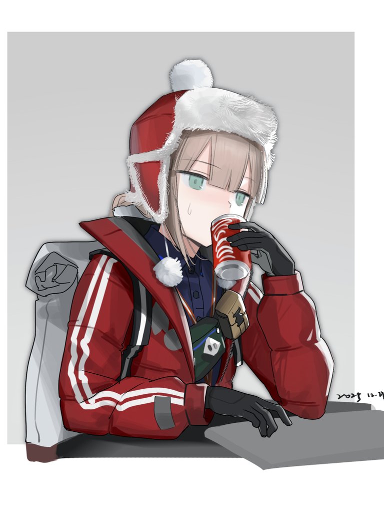 1girl, backpack, bag, black_gloves, blue_shirt, blunt_bangs, border, brown_hair