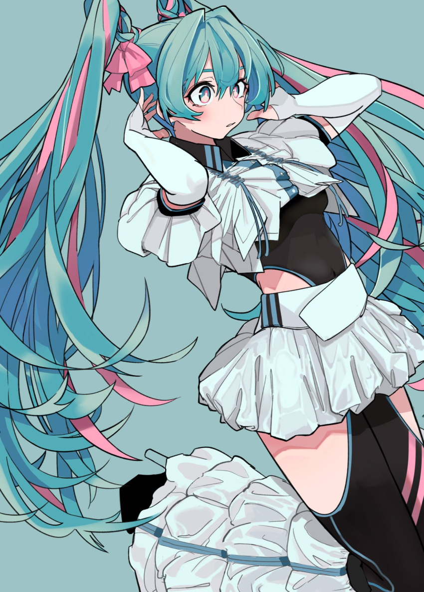 1girl, air_kon, black_boots, black_skirt, blue_background, boots, collared_shirt, cowboy_shot