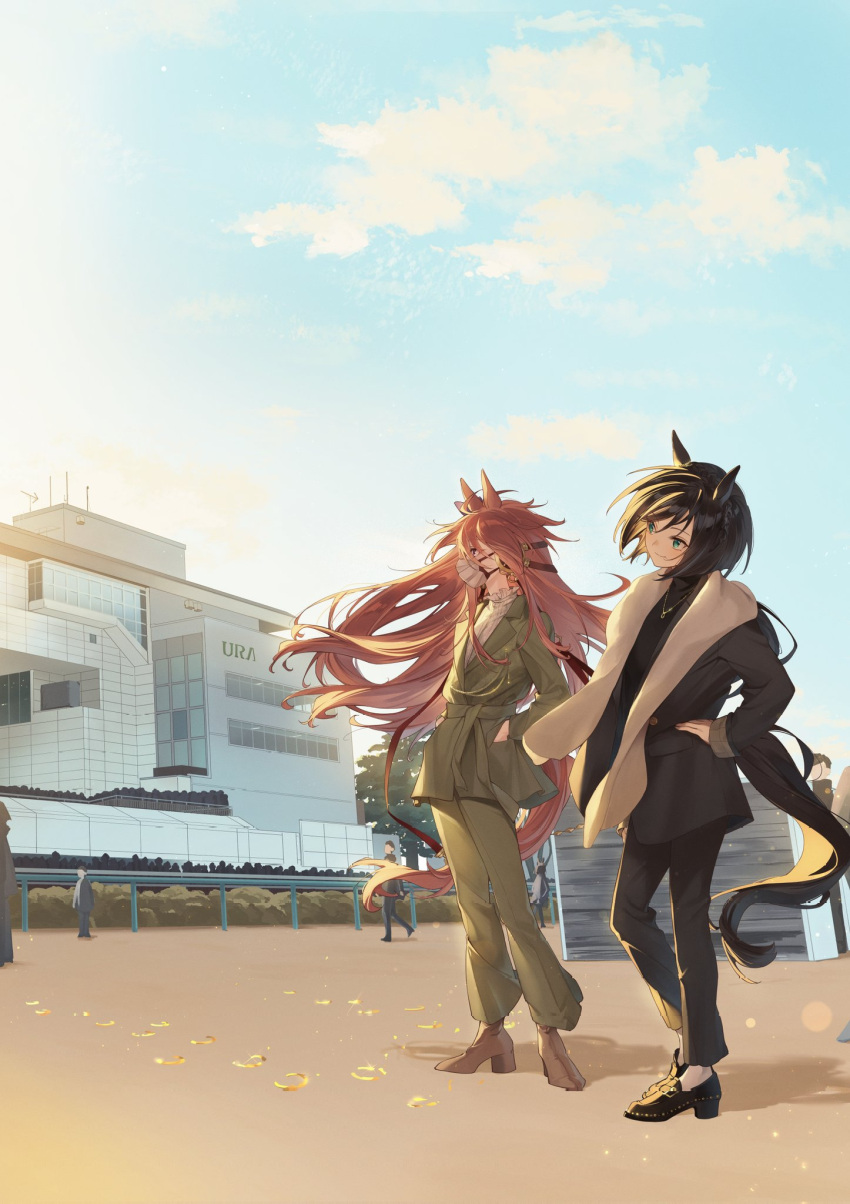 28yanagiii, 2girls, alternate_costume, animal_ears, black_hair, black_jacket, black_pants, black_shoes