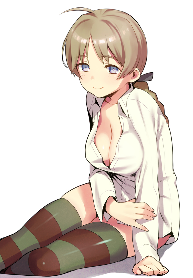 arm_grab, blue_eyes, braid, breasts, brown_hair, brown_legwear, cleavage, fingernails, hair_ribbon, holding_arm, kaida_bola, large_breasts, long_hair, lynette_bishop, no_bra, open_clothes, open_shirt, ribbon, shirt, simple_background, sitting, skindentation, smile, solo, strike_witches, striped, striped_legwear, striped_thighhighs, thigh-highs, thighhighs, white_background