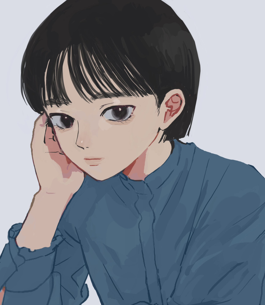1girl, aegyo_sal, aqua_shirt, black_eyes, black_hair, blunt_bangs, blunt_ends, expressionless