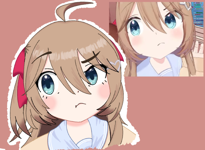:t, ahoge, aqua_eyes, blush, brown_hair, cardigan, derivative_work, hair_ornament, hair_ribbon, heart, heart_hair_ornament, looking_to_the_side, neuro-sama, pink_background, ptinori, raised_eyebrow, ribbon, screenshot_inset, screenshot_redraw, self-upload, sidelocks, sketch, two_side_up, vedal_ai, yellow_cardigan