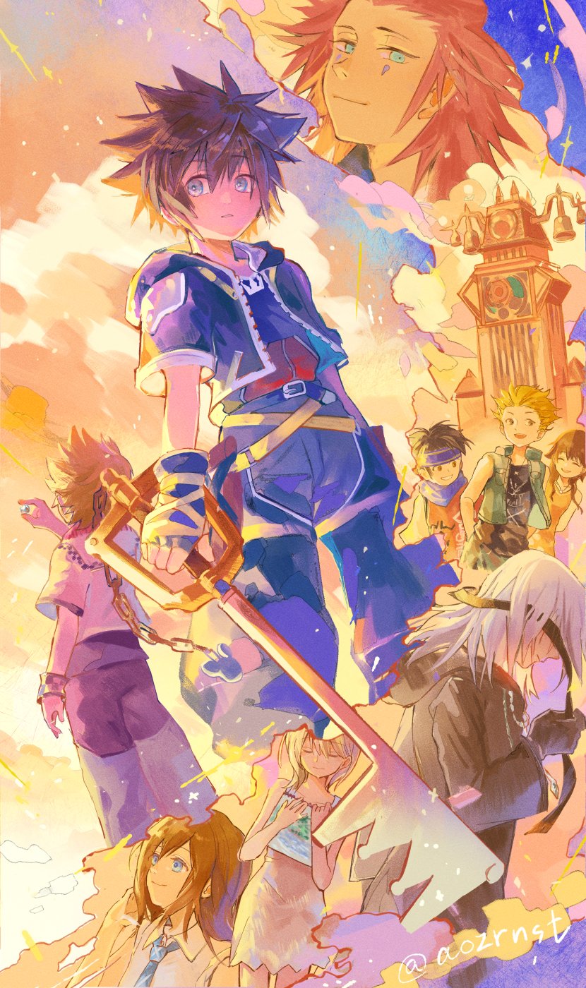 3girls, 6+boys, aozrnst, aqua_eyes, arm_up, axel_(kingdom_hearts), black_gloves, black_jacket