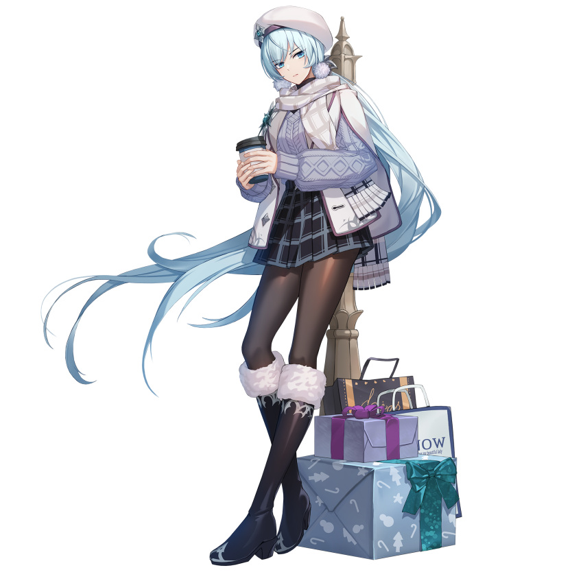 aqua_hair, black_pantyhose, black_survival, boots, box, capelet, cup, elena_jarvinen, eternal_return:_black_survival, full_body, fur-trimmed_boots, fur_trim, gift, gift_box, hat, highres, holding, holding_cup, knee_boots, low_ponytail, pantyhose, plaid_clothes, plaid_skirt, ponytail, scarf, skirt, sweater, transparent_background, white_capelet, white_hat, winter_clothes