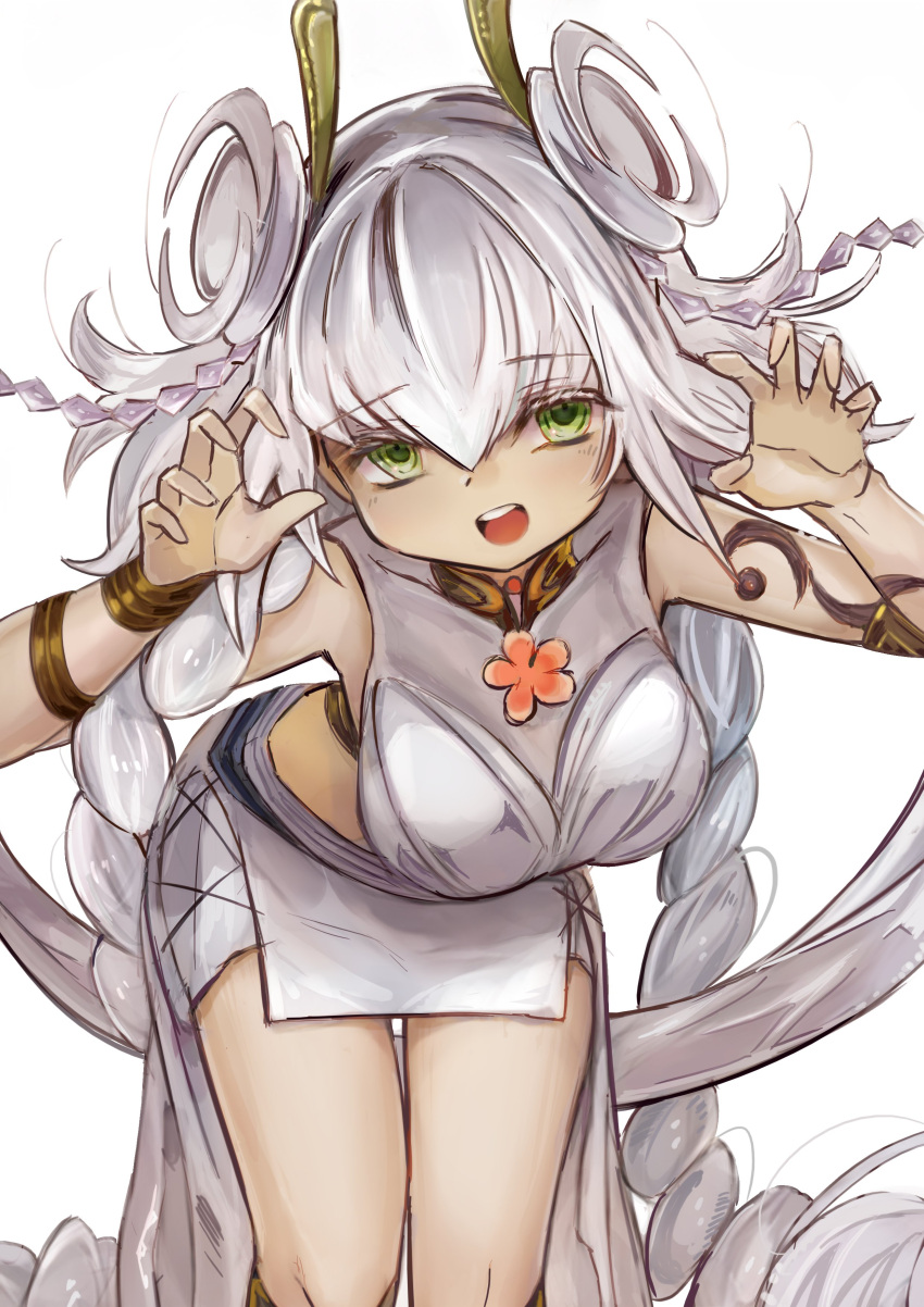 1girl, absurdres, arm_tattoo, braid, breasts, cowboy_shot, dress, duel_monster