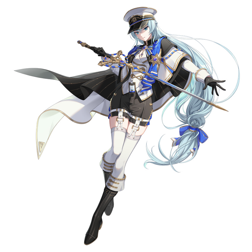 absurdres, aqua_hair, black_boots, black_gloves, black_shorts, black_survival, boots, capelet, elena_jarvinen, eternal_return:_black_survival, gloves, hair_between_eyes, hat, highres, holding, holding_sword, holding_weapon, id_card, knee_boots, military_uniform, official_art, shorts, sword, thigh-highs, thigh_strap, weapon