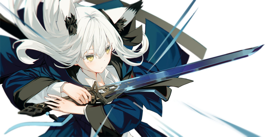 1girl, animal_ear_fluff, animal_ears, blue_jacket, collared_shirt, crossed_bangs, ear_ornament, extra_ears