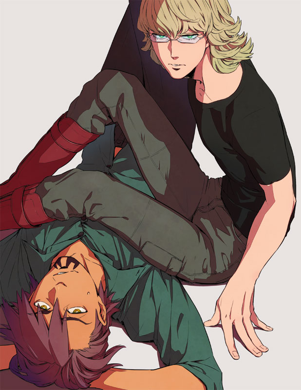 barnaby_brooks_jr, blonde_hair, boots, brown_hair, eyelashes, glasses, green_eyes, kaburagi_t_kotetsu, lying, male, multiple_boys, tei03, tiger_&amp;_bunny, yellow_eyes