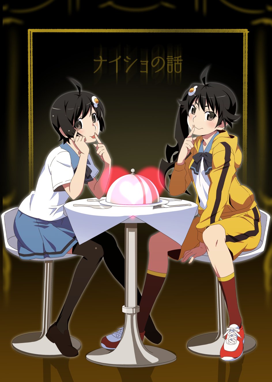 ahoge, araragi_karen, araragi_tsukihi, bar_chair, between_legs, black_background, black_bow, black_bowtie