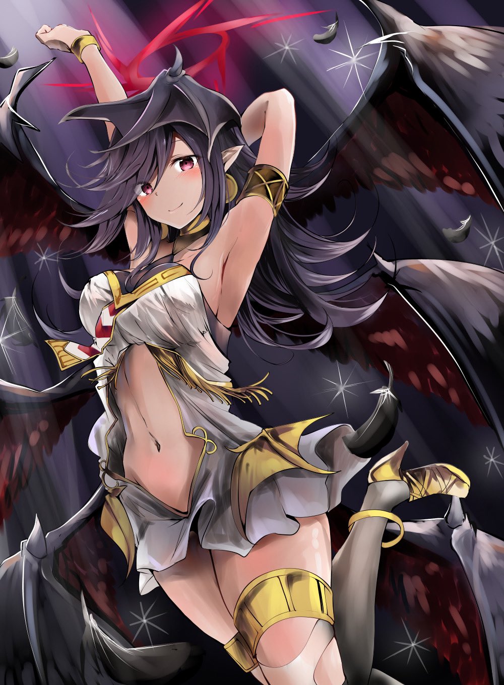 1girl, armlet, bare_shoulders, black_hair, black_wings, bracelet, breasts, cowboy_shot