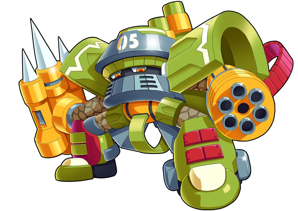 1boy, 5_(number), armor, battalion_(mighty_no._9), full_body, gatling_gun, green_armor, legs_apart