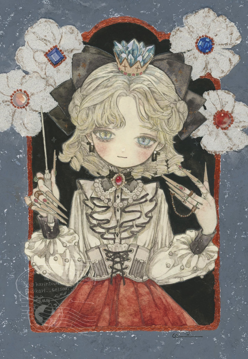 1girl, acrylic_paint_(medium), black_background, blonde_hair, blue_eyes, blue_gem, blush, border