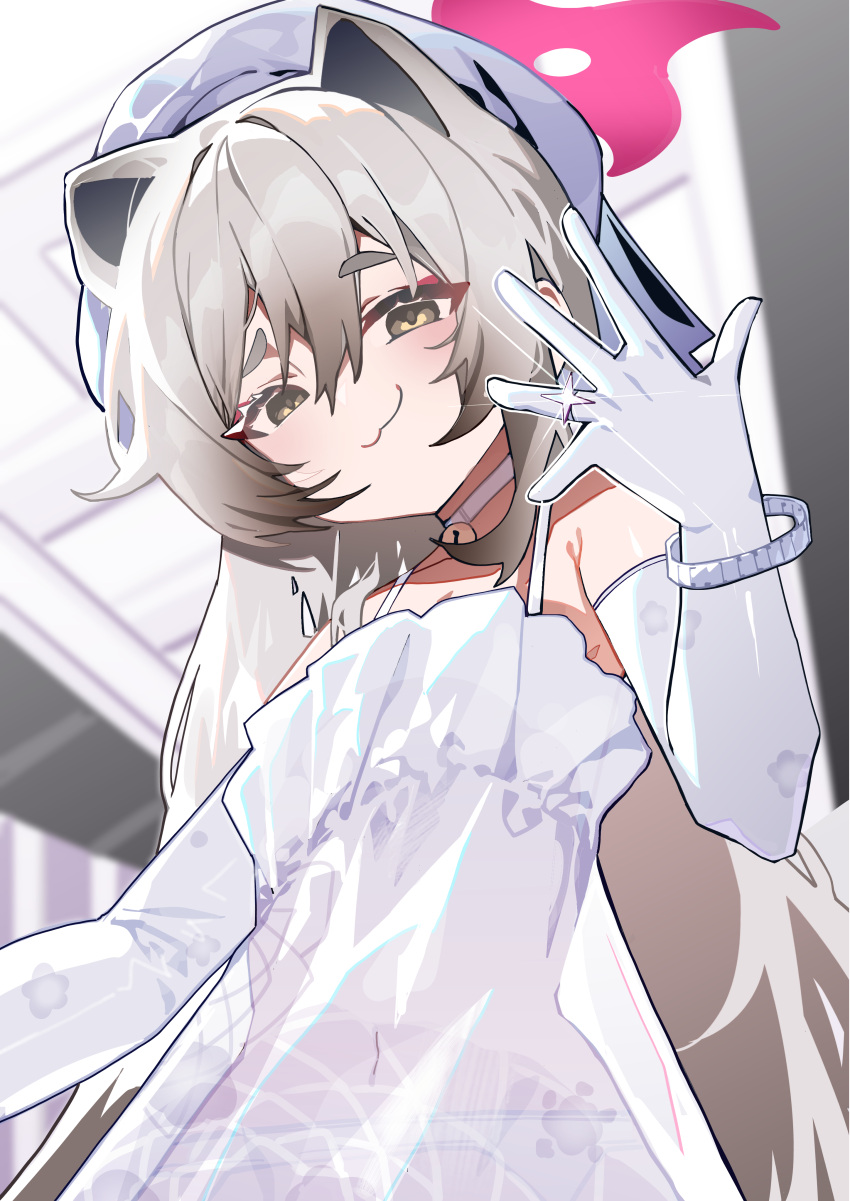 :3, absurdres, animal_ears, bell, blue_archive, choker, dress, elbow_gloves