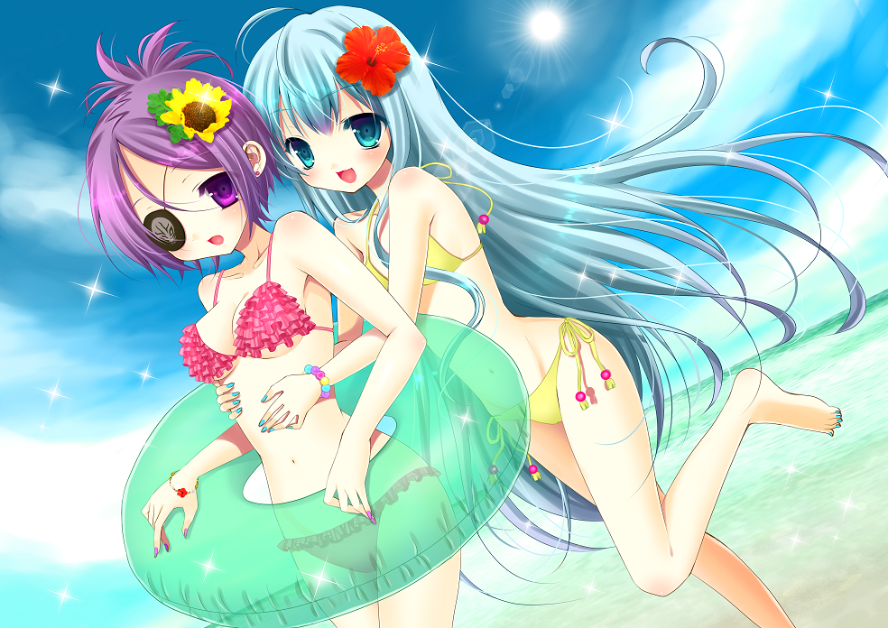 bikini, blue_eyes, blue_hair, bluebell, chrome_dokuro, dutch_angle, eyepatch, flower