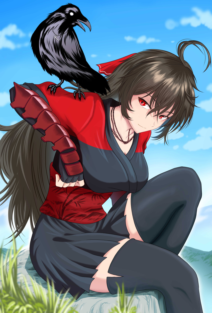 1girl, absurdres, ahoge, arm_guards, bandana, bird, black_gloves, black_hair