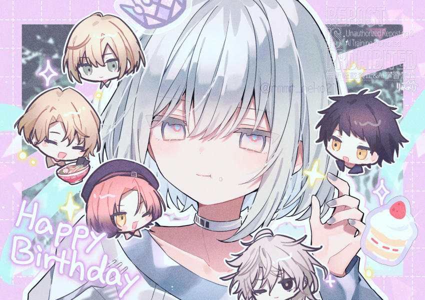 18trip, 6+boys, artist_name, azekawa_kinari, blue_hair, bob_cut, cake, chewing
