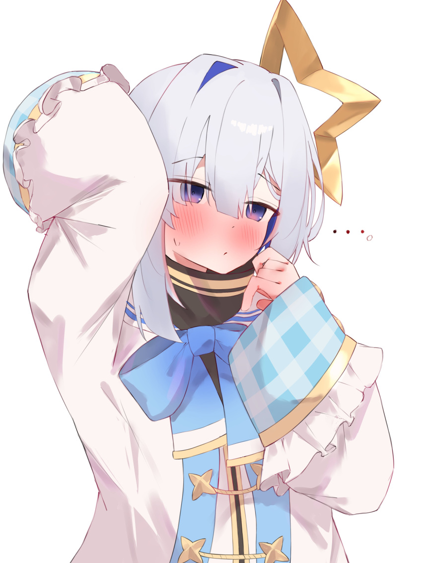 ..., 1girl, absurdres, amane_kanata, amane_kanata_(1st_costume), arm_up, black_dress, blue_hair