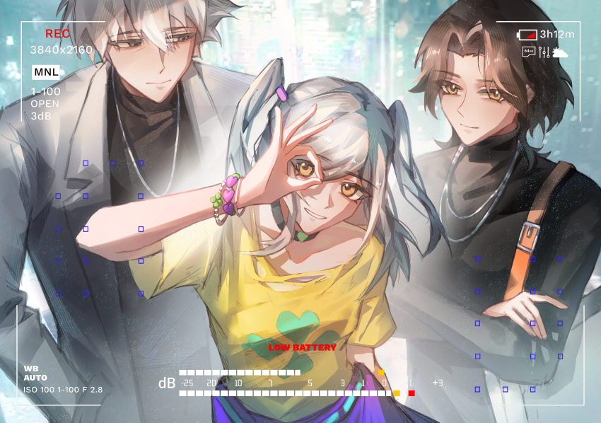 1boy, 2girls, absurdres, arm_behind_back, bag, bangle, black_choker, black_shirt