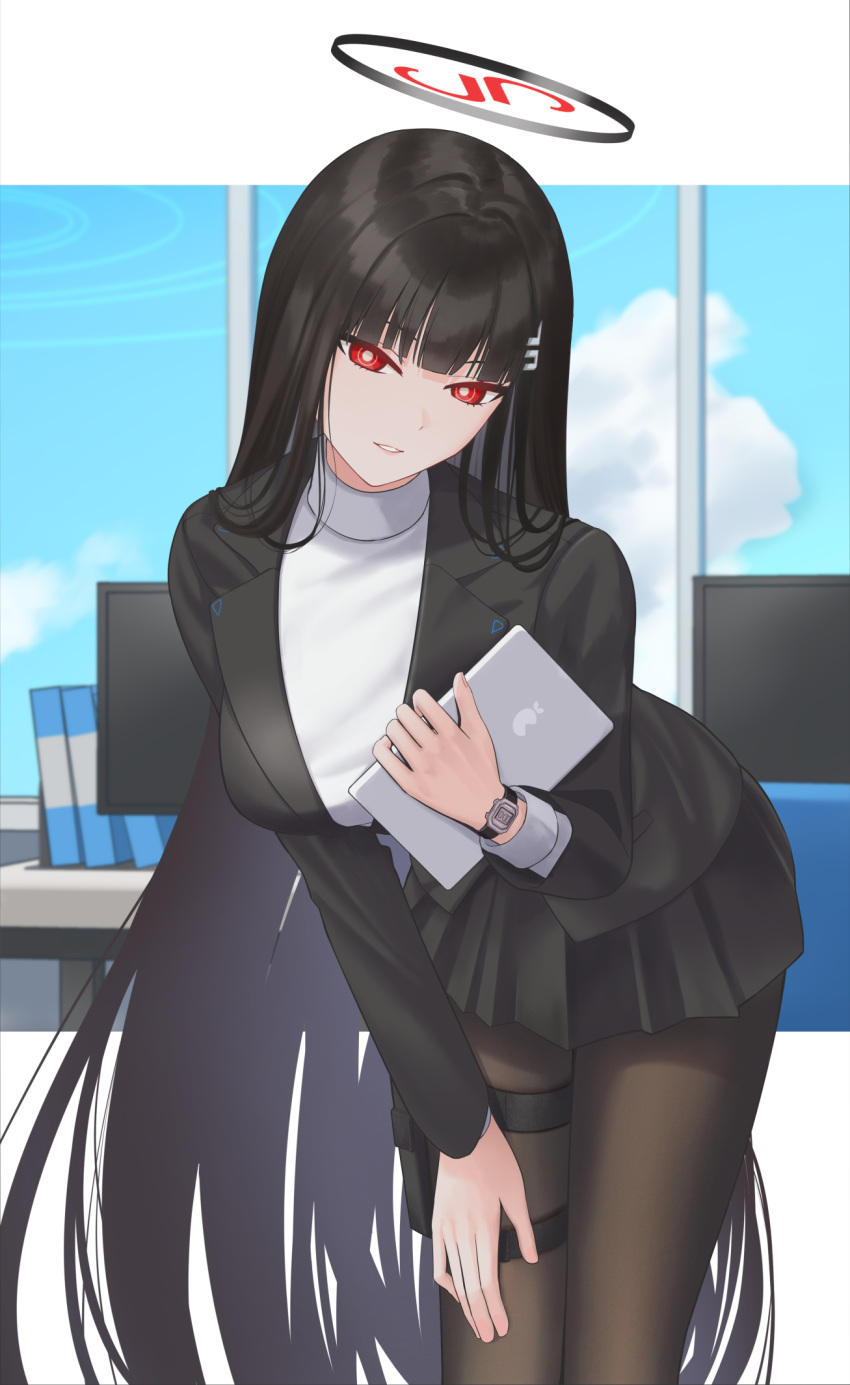 1girl, black_hair, black_jacket, black_pantyhose, black_skirt, blazer, blue_archive, commentary_request, grin, halo, highres, holding, holding_tablet_pc, jacket, keika_(otsukare), long_hair, looking_at_viewer, pantyhose, pleated_skirt, red_eyes, ringed_eyes, rio_(blue_archive), skirt, smile, solo, sweater, tablet_pc, turtleneck, turtleneck_sweater, very_long_hair, watch, watch, white_sweater