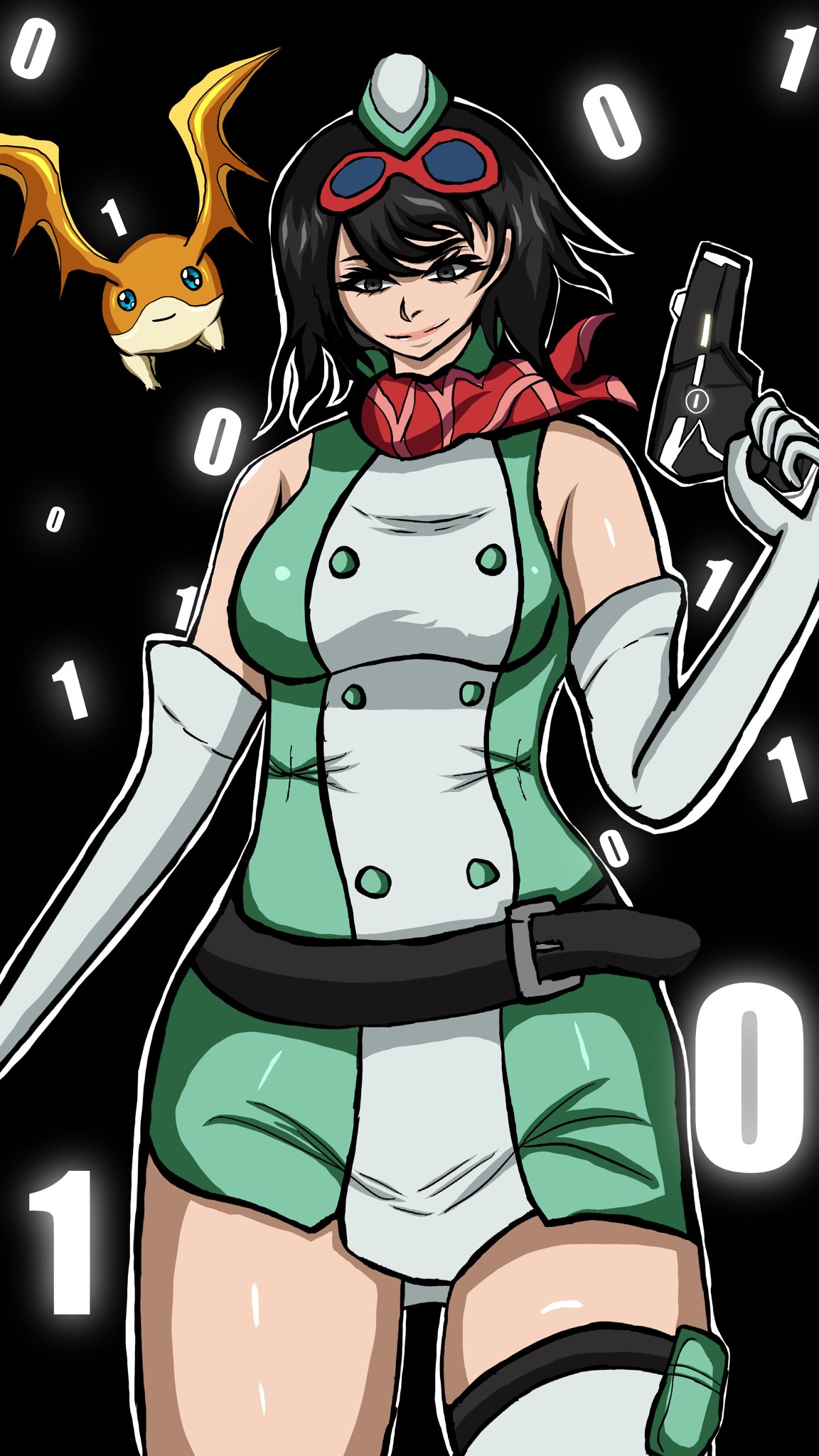 1girl, animal_legs, bare_shoulders, black_hair, breasts, digimon, digimon_(creature), digimon_story:_time_stranger