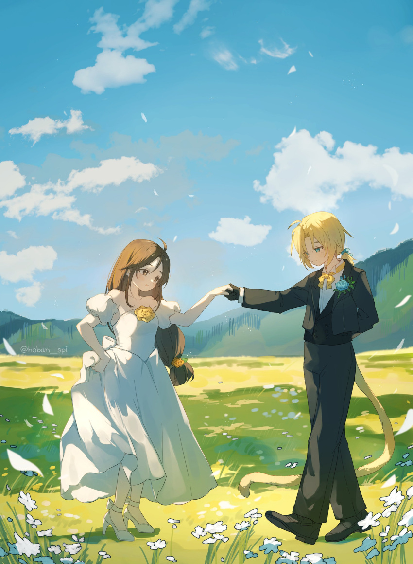 1boy, 1girl, absurdres, arm_behind_back, bare_shoulders, black_gloves, black_jacket, black_pants, black_shoes, blonde_hair, blue_eyes, bow, bowtie, brown_eyes, brown_hair, cat_tail, collared_shirt, couple, dancing, detached_sleeves, dress, dress_flower, falling_petals, final_fantasy, final_fantasy_ix, flower, full_body, garnet_til_alexandros_xvii, gloves, hair_ribbon, hetero, highres, hoban, jacket, long_dress, long_hair, low-tied_long_hair, low_ponytail, meadow, outdoors, pants, petals, ponytail, puffy_short_sleeves, puffy_sleeves, ribbon, shirt, shoes, short_sleeves, tail, white_dress, white_flower, white_shirt, yellow_bow, yellow_bowtie, yellow_flower, zidane_tribal