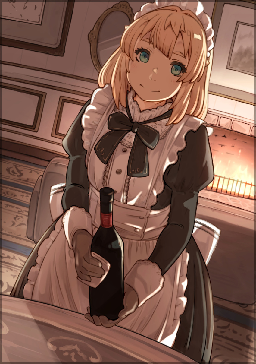 1boy, apron, backlighting, black_bow, black_bowtie, black_dress, blonde_hair, blue_eyes
