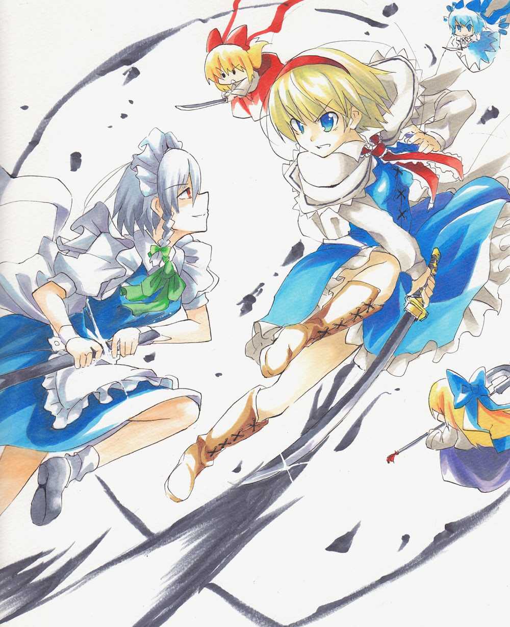 alice_margatroid, battle, blonde_hair, blue_eyes, boots, braid, capelet, cirno