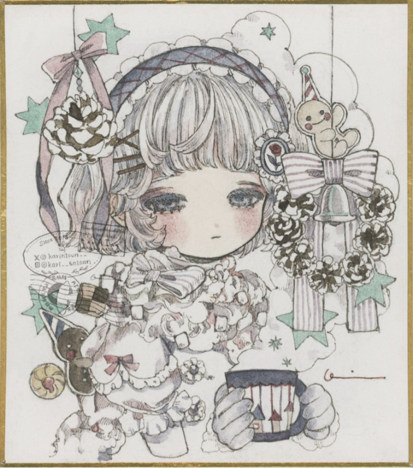 1girl, acrylic_paint_(medium), blunt_bangs, blush, bob_cut, border, bow, brooch, candy, closed_mouth, cloud_background, commentary, cup, decorations, dress, flower, food, frilled_dress, frilled_headband, frills, gingerbread_man, gloves, gold_border, grey_eyes, hair_bow, hair_ribbon, hairband, half-closed_eyes, highres, holding, holding_cup, instagram_logo, instagram_username, jewelry, karintoun, lace, lace_headband, lolita_fashion, long_eyelashes, looking_at_viewer, mug, original, painting_(medium), pale_skin, pastel_colors, pinecone, postmark, puffy_sleeves, ribbon, rose, short_hair, signature, simple_background, solo, star_(symbol), steam, straight-on, striped_bow, striped_ribbon, stuffed_animal, stuffed_toy, symbol-only_commentary, teddy_bear, traditional_media, twitter_username, twitter_x_logo, upper_body, watercolor_(medium), watermark, white_background, wreath