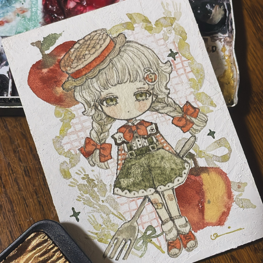 1girl, acrylic_paint_(medium), apple, belt, belt_buckle, blonde_hair, blush, bow