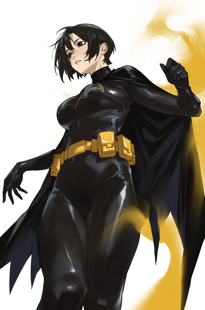 1girl, absurdres, asymmetrical_bangs, batgirl, batman_(series), batman_symbol, belt, black_bat_costume, black_bodysuit, black_hair, bodysuit, breasts, cape, cassandra_cain, clenched_hand, dc_comics, from_below, gas, gloves, highres, large_breasts, no_mask, parted_lips, pigeon_pose, short_hair, sidelocks, skin_tight, solo, standing, superhero_costume, taiyang_yu, thick_thighs, thighs, under_boob, utility_belt, white_background