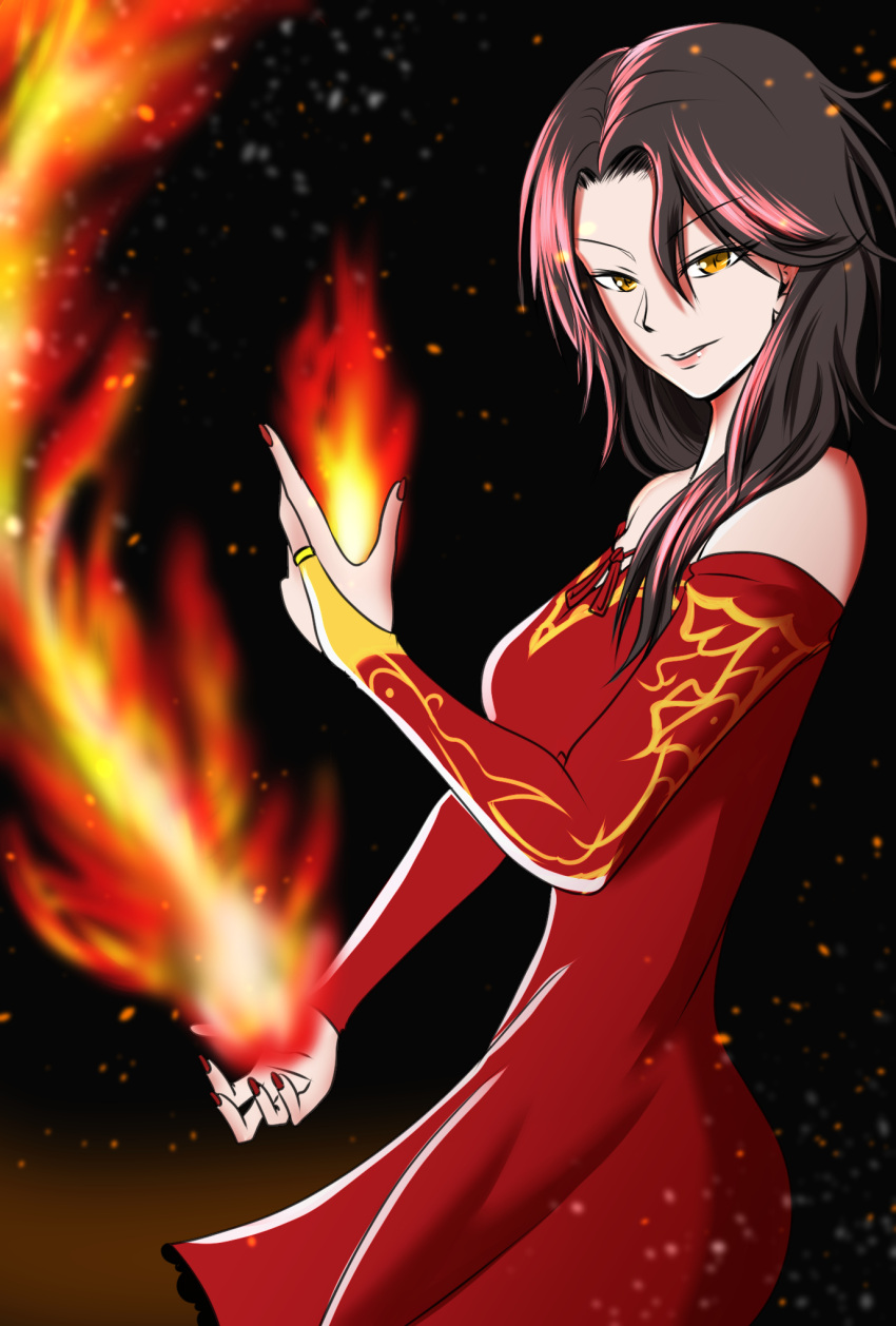 1girl, bare_shoulders, black_hair, breasts, bridal_gauntlets, cinder_fall, commentary, curtained_hair