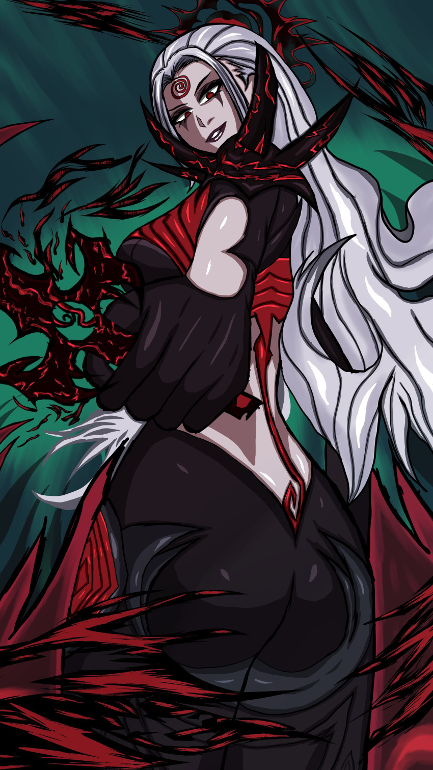1girl, absurdres, armor, ass, battle, black_eyeshadow, black_gloves, colored_skin