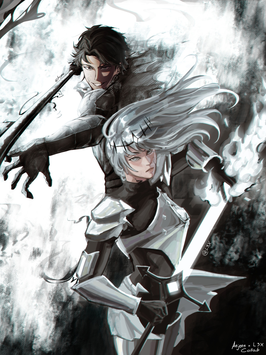 1boy, 1girl, absurdres, anjens, armor, artist_collaboration, black_eyes, black_gloves