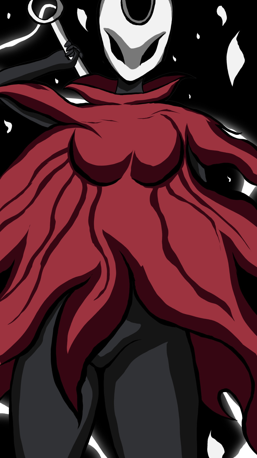 1girl, absurdres, battle, black_bodystocking, breasts, cloak, highres, hollow_knight