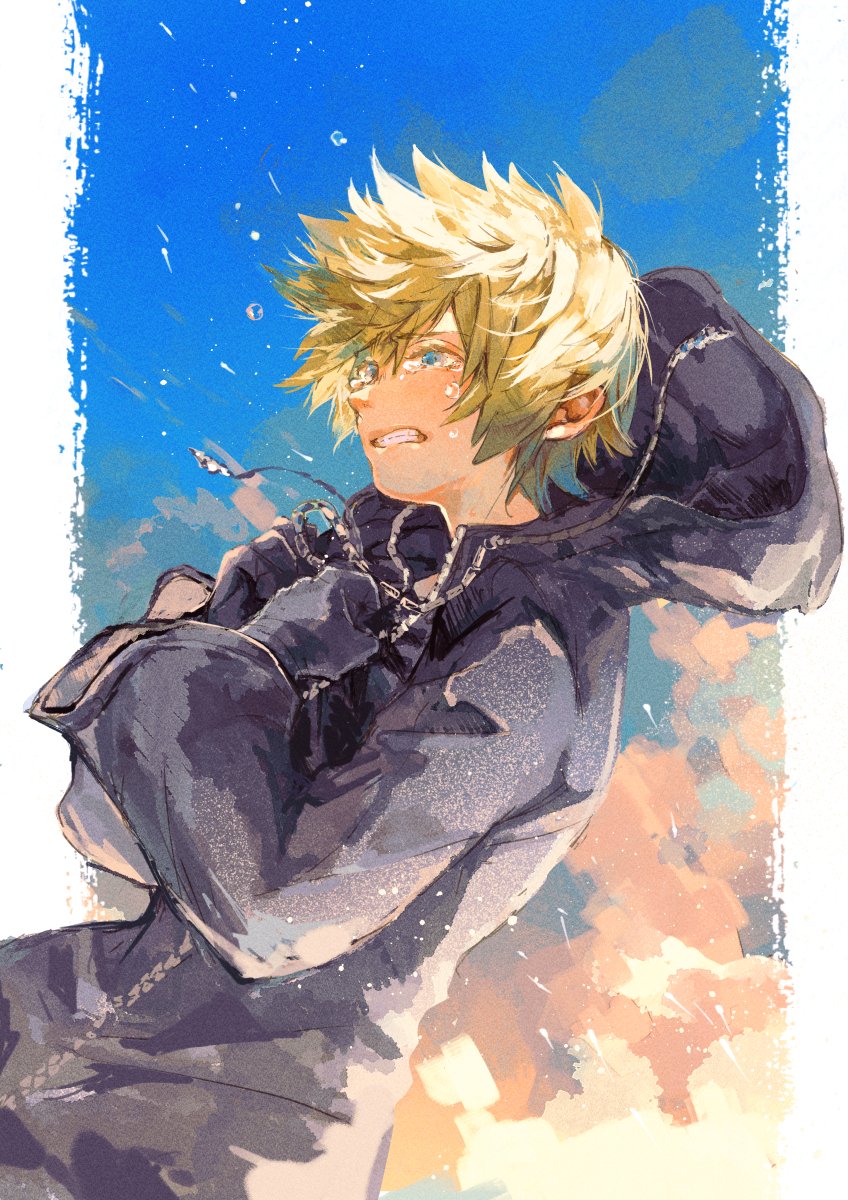 1boy, aozrnst, black_gloves, black_robe, blonde_hair, blue_eyes, border, clenched_teeth, crying, gloves, hair_between_eyes, hands_on_own_chest, highres, hood, hood_down, hooded_robe, kingdom_hearts, kingdom_hearts_ii, male_focus, parted_lips, robe, roxas, short_hair, solo, tears, teeth, upper_body, white_border