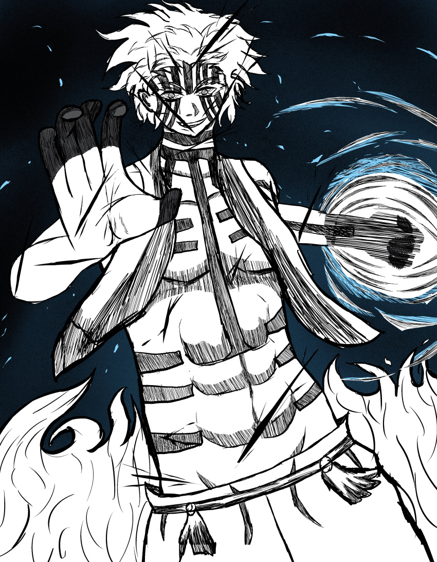 1boy, absurdres, akaza_(kimetsu_no_yaiba), attack, battle, body_markings, cuts, facial_mark
