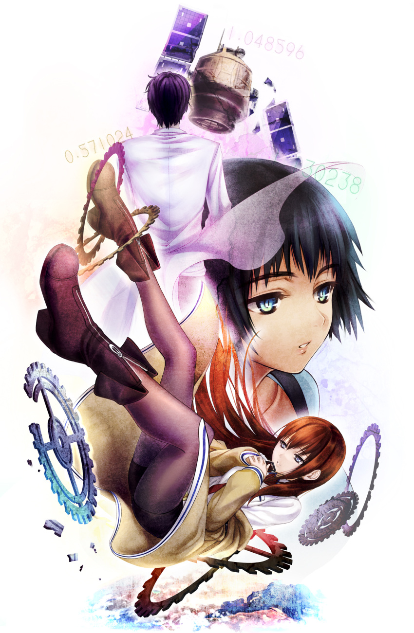 black_legwear, blue_eyes, boots, brown_hair, from_behind, gears, highres, jacket