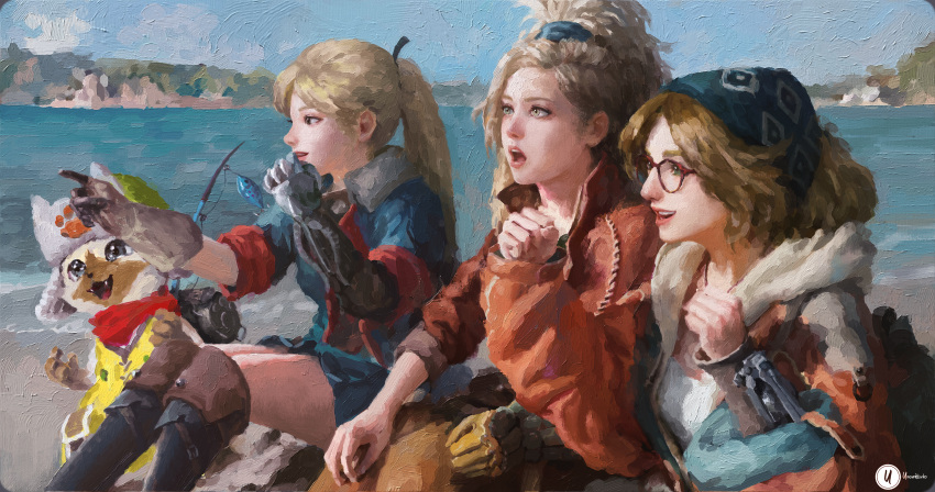 3girls, absurdres, alma_(monster_hunter_wilds), blonde_hair, blue_sky, boots, felyne, gemma_(monster_hunter_wilds)