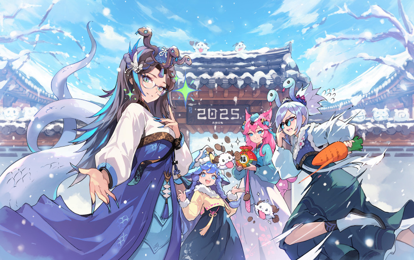 2025, 4girls, :d, :p, adjusting_eyewear, ahri_(league_of_legends), alternate_costume, alternate_hairstyle