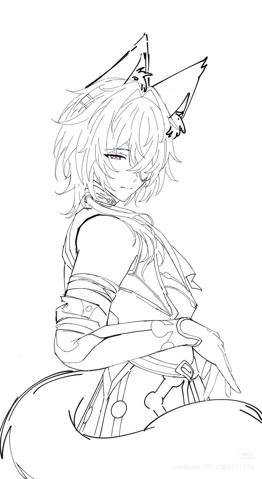 1boy, anaxa_(honkai:_star_rail), animal_ears, bare_shoulders, chinese_commentary, closed_mouth, fox, fox_boy