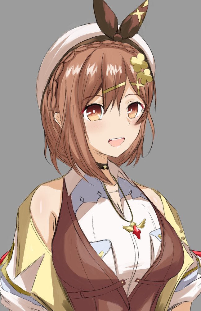 1girl, atelier_(series), atelier_ryza, atelier_ryza_3, beret, braid, breasts, brown_eyes, brown_hair, brown_vest, choker, clover_hair_ornament, crown_braid, earrings, hair_ornament, hat, jewelry, large_breasts, multiple_necklaces, necklace, open_mouth, reisalin_stout, short_hair, smile, solo, solphel, star_(symbol), star_choker, star_earrings, star_necklace, teeth, upper_body, upper_teeth_only, vest, white_hat, x_hair_ornament