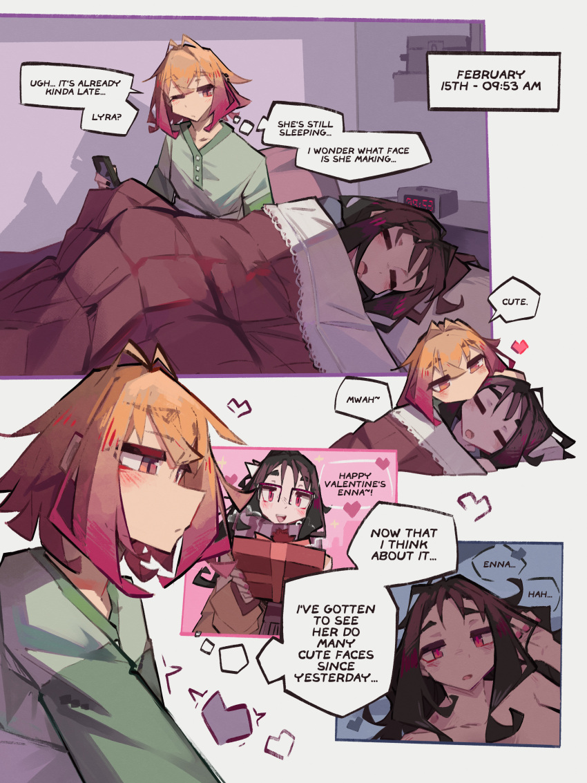 2girls, absurdres, blanket, cellphone, clock, commentary, digital_clock, drooling