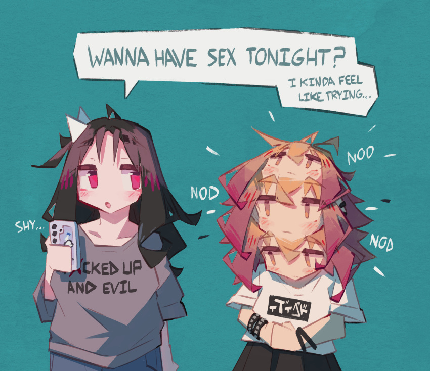 2girls, black_hair, blush, cellphone, closed_mouth, commentary, english_commentary, enna_(togekk0)