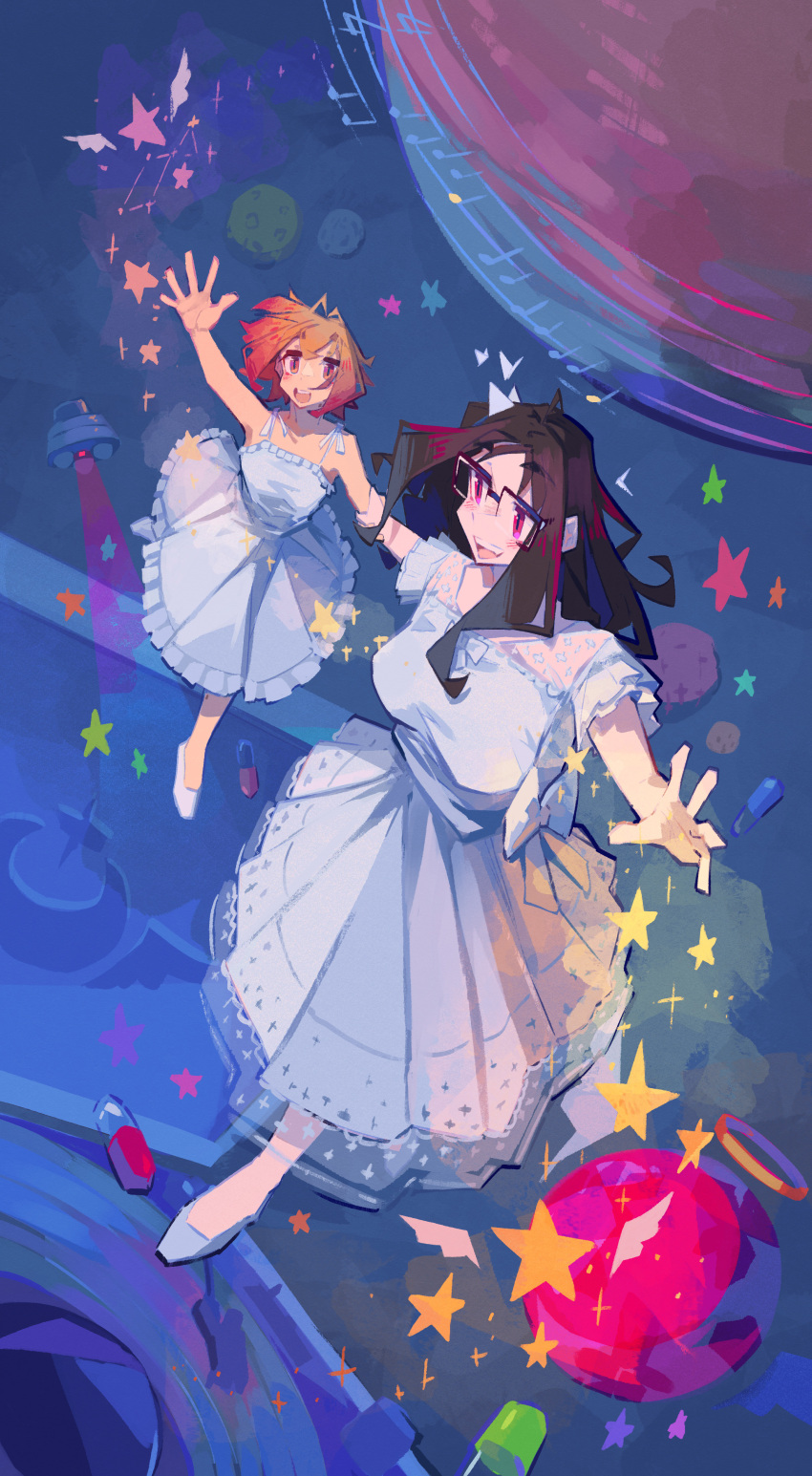 2girls, absurdres, black_hair, commentary, dress, english_commentary, enna_(togekk0), flying_saucer