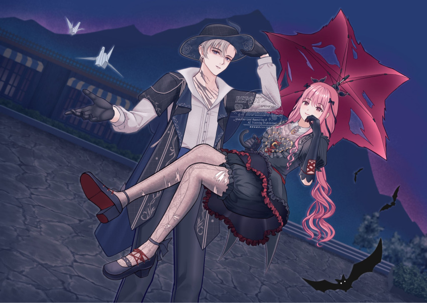 1boy, 1girl, animal, asymmetrical_hair, bat_(animal), black_bloomers, black_bow, black_dress