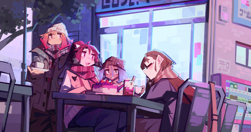 4girls, absurdres, blonde_hair, cake, cup, enna_(togekk0), food, hat
