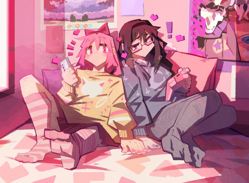 !, akemi_homura, black_hair, black_thighhighs, glasses, hand_on_another's_hand, heart, highres