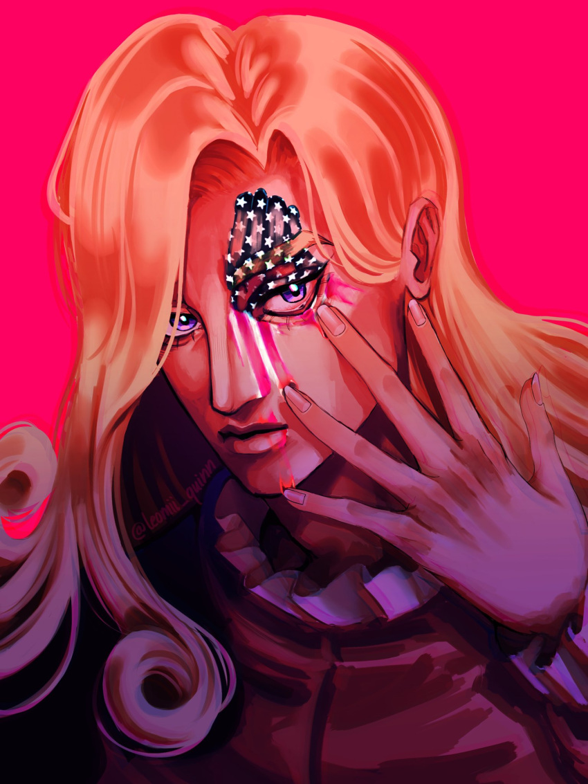 1boy, american_flag, american_flag_print, blonde_hair, closed_mouth, clown, collar, curly_hair, english_commentary, facepaint, fingernails, flag_print, frilled_collar, frilled_shirt_collar, frills, funny_valentine, hand_on_own_face, highres, jojo_no_kimyou_na_bouken, leomii_quinn, long_hair, long_sleeves, looking_at_viewer, male_focus, pink_background, red_background, shirt, simple_background, solo, steel_ball_run, twitter_username, upper_body, violet_eyes