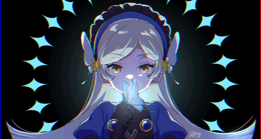 1girl, black_background, black_gloves, blue_butterfly, blue_hairband, blue_shirt, bug, butterfly