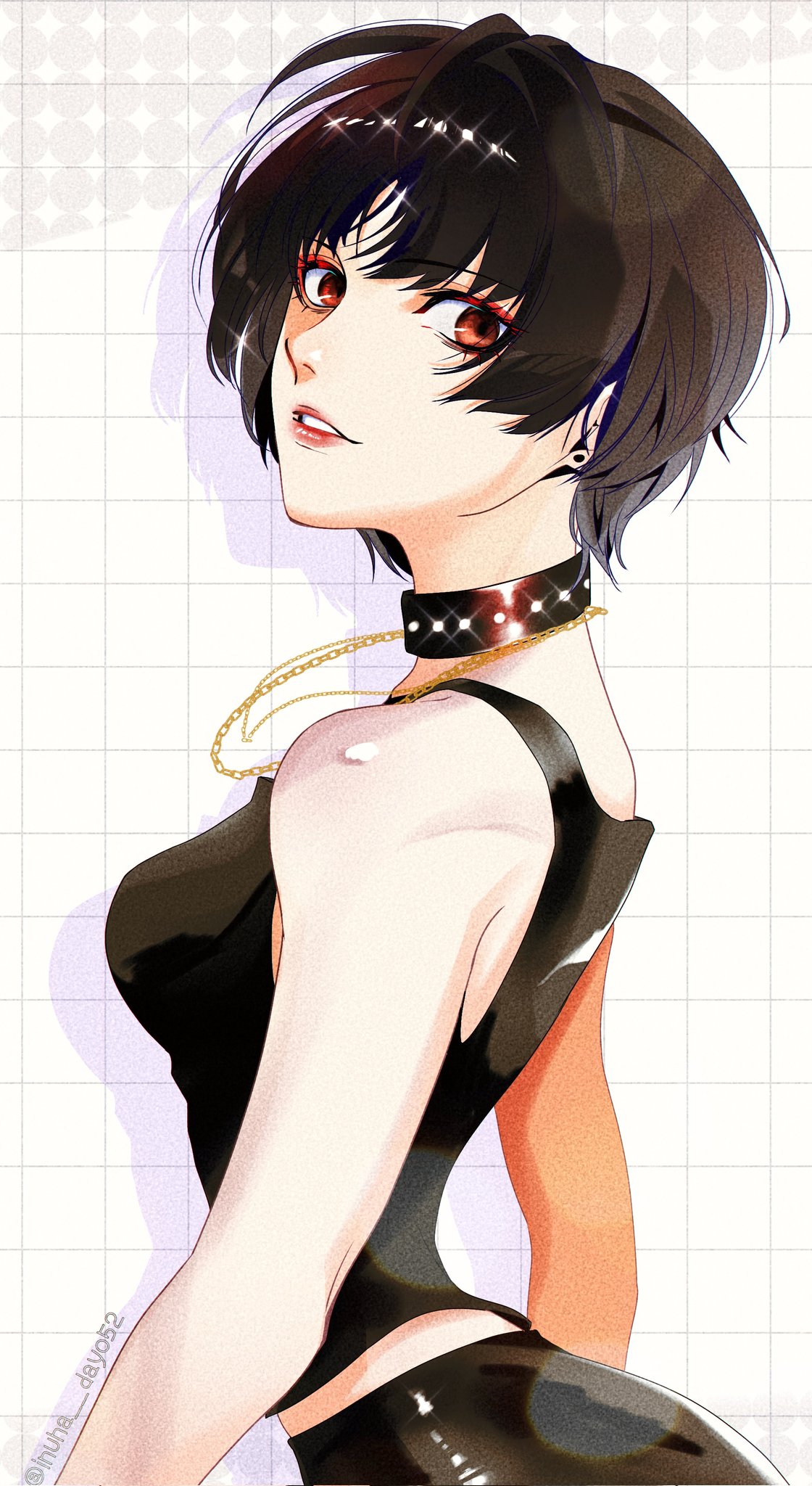 1girl, bare_shoulders, black_hair, black_shirt, brown_eyes, choker, doctor, highres, inuha_dayo52, jewelry, light_smile, looking_at_viewer, persona, persona_5, persona_5_the_royal, shirt, short_hair, spiked_choker, spikes, studded_choker, takemi_tae